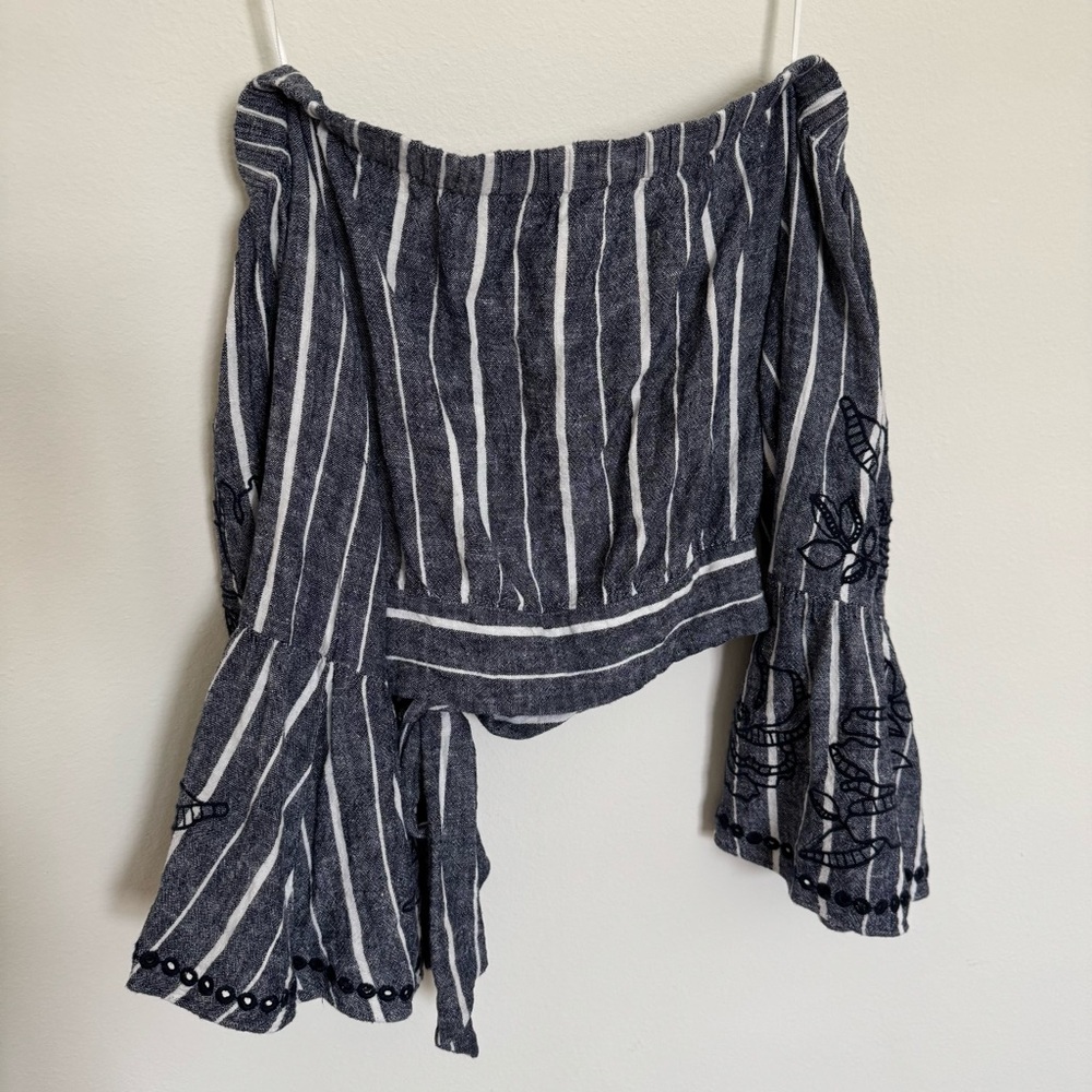 Parker Navy and White Off the Shoulder Striped Top - Picture 7 of 7